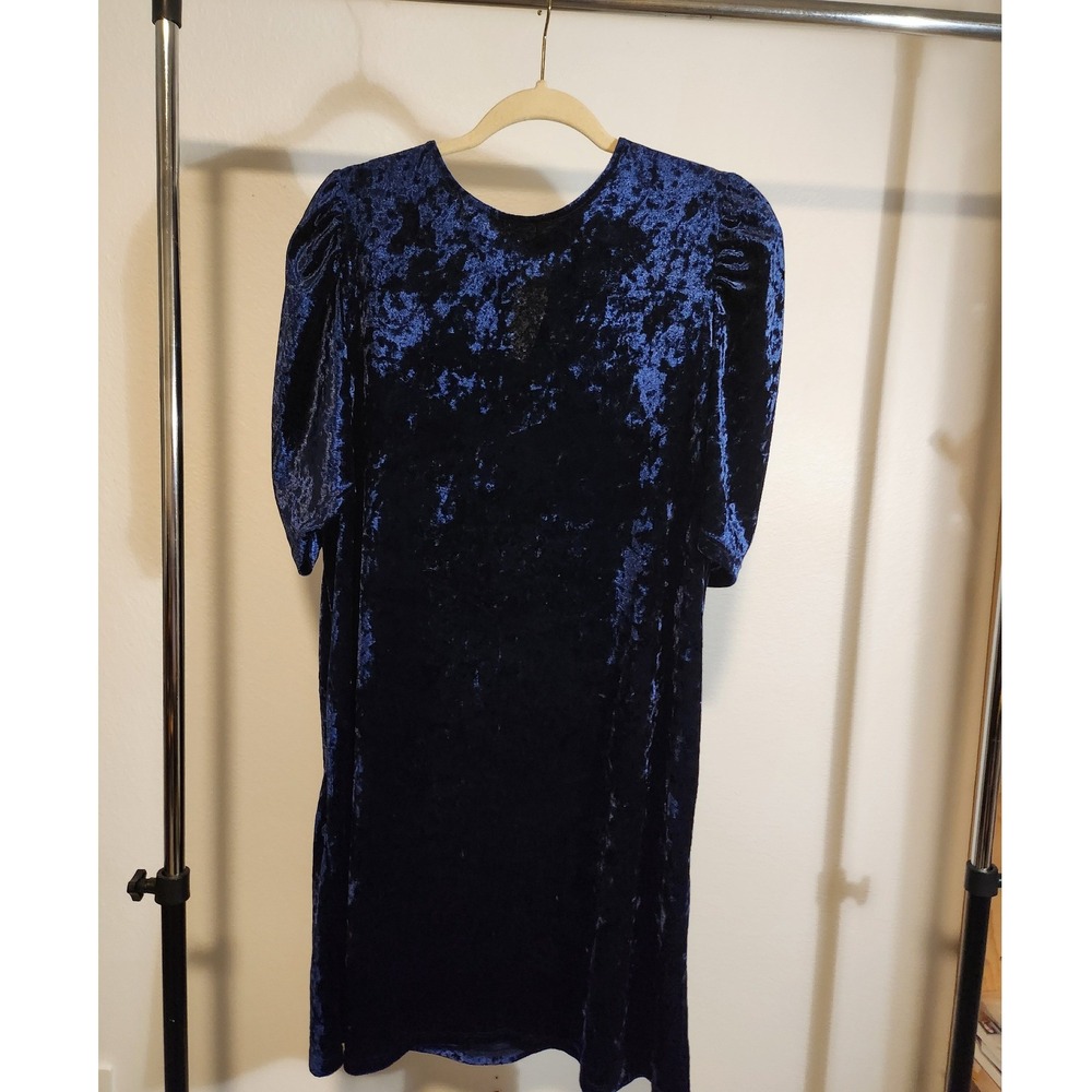 Dual Nature Velvet Puff Sleeve Dress Midnight Blue Size L